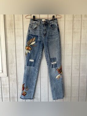 🌼 Driftwood Floral Embroidered Patchwork Jeans High Rise Boho 25 Boho Festival